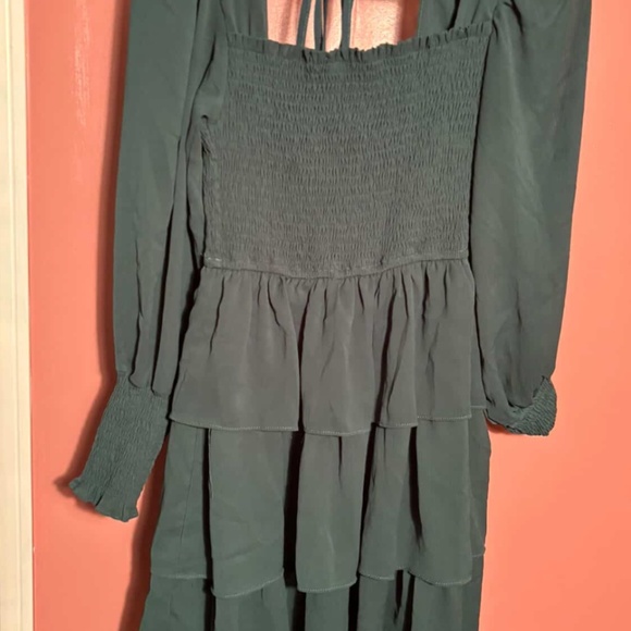 Teal long-sleeve smocked square neck tiered mini dress. - Picture 4 of 4